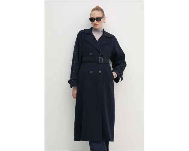 Weekend Max Mara palton de lana culoarea albastru marin, de tranzitie, cu doua randuri de nasturi, 2425016021600