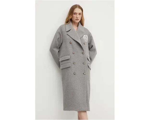 Elisabetta Franchi palton femei, culoarea gri, de tranzitie, cu doua randuri de nasturi, CP00346E2