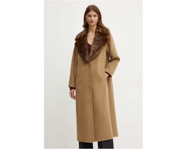 Luisa Spagnoli palton de lana SUSSULTO culoarea maro, de tranzitie, 541304