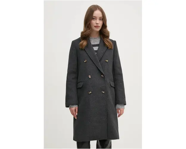 Pepe Jeans palton de lana BETH culoarea gri, de tranzitie, cu doua randuri de nasturi, PL402473