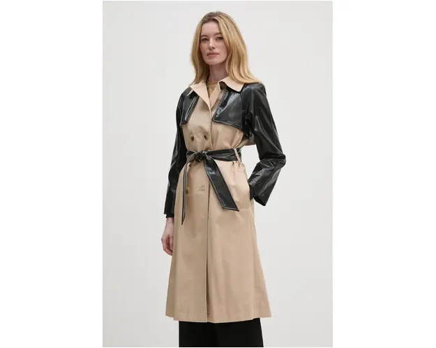 Sisley trenci din bumbac culoarea bej, de tranzitie, cu doua randuri de nasturi, 2XDXLN04K