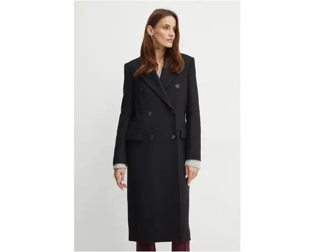 BOSS palton de lana culoarea negru, de tranzitie, cu doua randuri de nasturi, 50524975