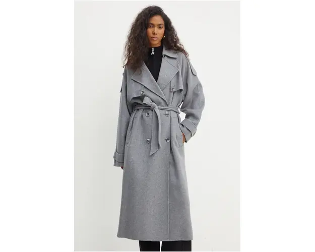 BOSS palton de lana culoarea gri, de tranzitie, oversize, 50525004