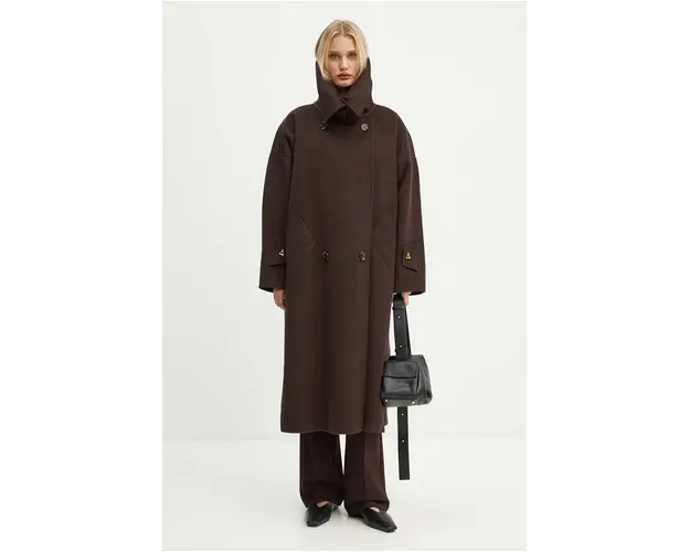 AERON palton de lana culoarea maro, de tranzitie, oversize, PFCO115453