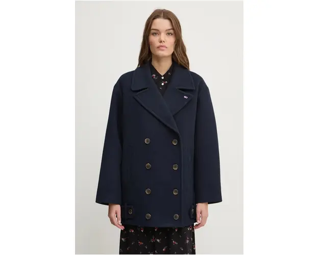 Tommy Jeans palton din lana culoarea albastru marin, de tranzitie, oversize, DW0DW19752