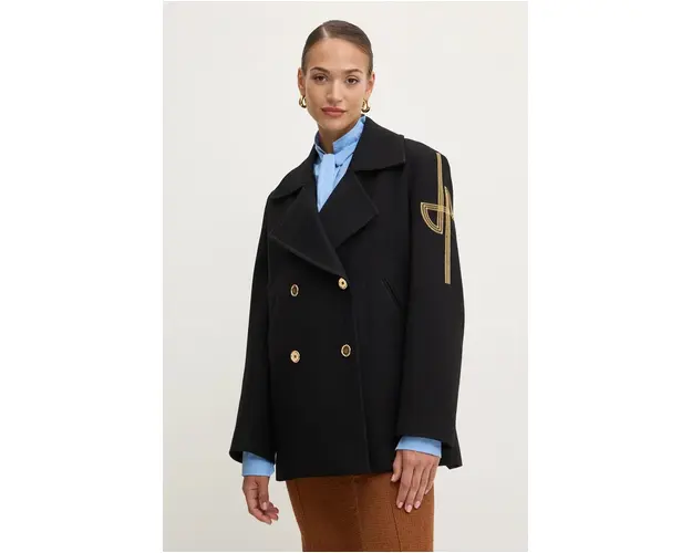 Patou palton de lana culoarea negru, de tranzitie, cu doua randuri de nasturi, CO0010001