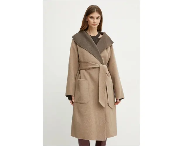 Karl Lagerfeld palton din lana pe doua fete culoarea bej, de tranzitie, oversize, 246W1502