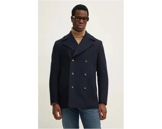 BOSS palton de lana culoarea albastru marin, de tranzitie, oversize, 50527932