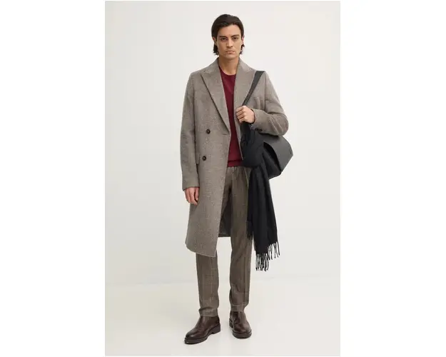 BOSS palton de lana culoarea bej, de tranzitie, cu doua randuri de nasturi, 50528175