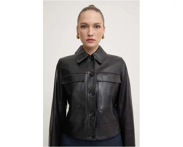 BOSS geaca de piele femei, culoarea negru, de tranzitie, 50518239