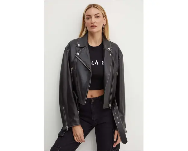 Weekend Max Mara geaca ramones de piele femei, culoarea negru, de tranzitie, oversize, 2425446041600