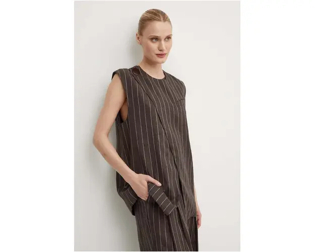 Day Birger et Mikkelsen vesta de in Enid - Casual Linen Stripe culoarea maro, un singur rand de nasturi, DAY65243328