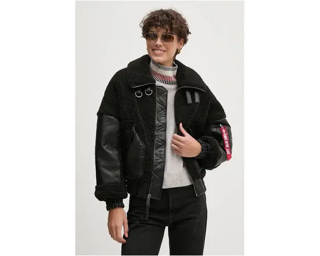 Alpha Industries geaca Teddy PU Bomber femei, culoarea negru, de tranzitie, oversize, 148001