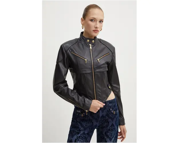 Versace Jeans Couture geaca de piele femei, culoarea negru, de tranzitie, 77HAVP04 CP009