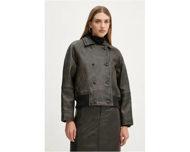The Kooples geaca de piele femei, culoarea maro, de tranzitie, FCUI29010K