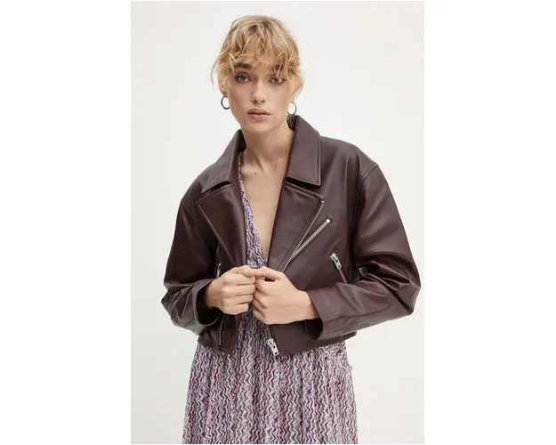 IRO geaca ramones de piele femei, culoarea bordo, de tranzitie, oversize, WP137CASTILLI