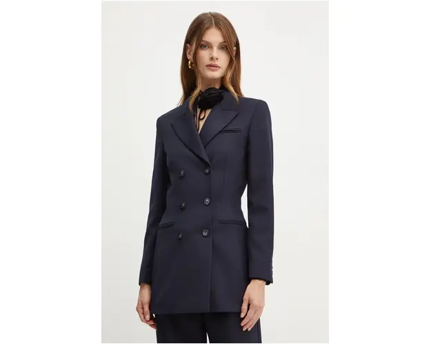 Marella sacou din lana culoarea albastru marin, cu doua randuri de nasturi, neted, 2423046032200
