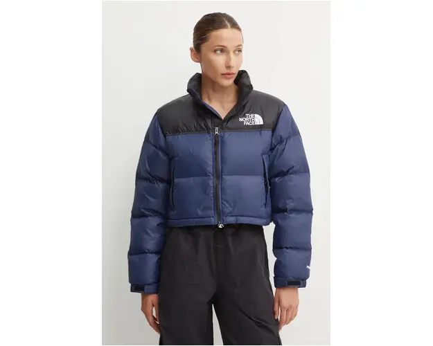 The North Face geaca de puf Nuptse Short Jacket femei, culoarea albastru marin, de iarna, NF0A5GGE92A1