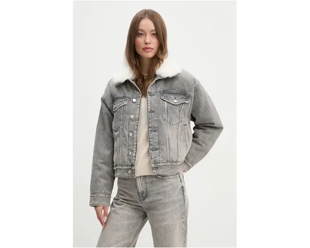 Sisley geaca jeans femei, culoarea gri, de tranzitie, oversize, 2YRZLN04Y