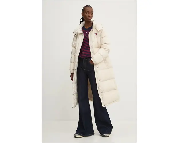Tommy Jeans geaca de puf femei, culoarea bej, de iarna, oversize, DW0DW18860