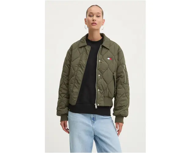 Tommy Jeans geaca femei, culoarea verde, de iarna, oversize, DW0DW18839