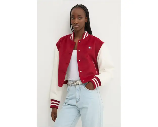 Tommy Jeans geaca din amestec de lana culoarea rosu, de tranzitie, oversize, DW0DW19744