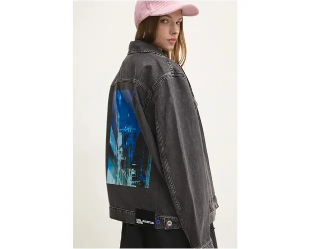 Karl Lagerfeld Jeans geaca jeans femei, culoarea gri, de tranzitie, oversize, 246J1401