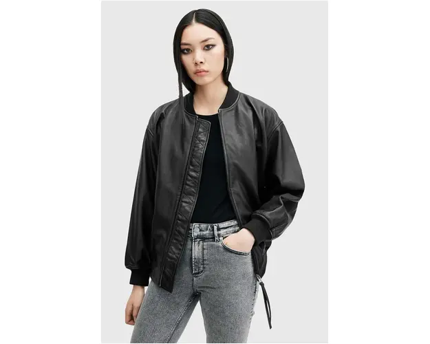 AllSaints geaca bomber de piele BELLE femei, culoarea negru, de tranzitie, W008LB