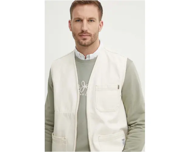 Pepe Jeans vesta de blugi ELM UTILTY GILET barbati, culoarea bej, de tranzitie, PM402999