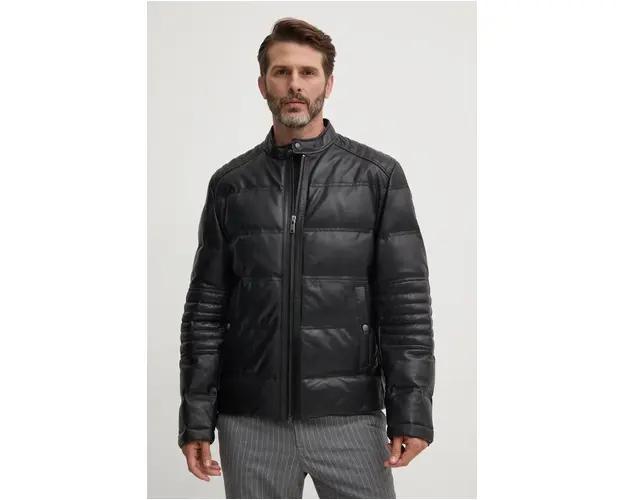 Boss Orange geaca de piele barbati, culoarea negru, de tranzitie, 50522243