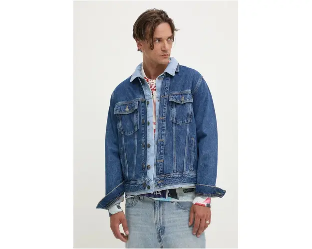 Desigual geaca jeans ILLINOIS barbati, culoarea albastru marin, de tranzitie, oversize, 24WMED05