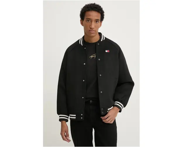 Tommy Jeans jacheta bomber din amestec de lana culoarea negru, de tranzitie, DM0DM20685