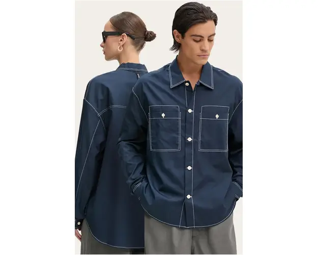 Sunnei camasa din bumbac culoarea albastru marin, cu guler clasic, relaxed, RTWXSHR019