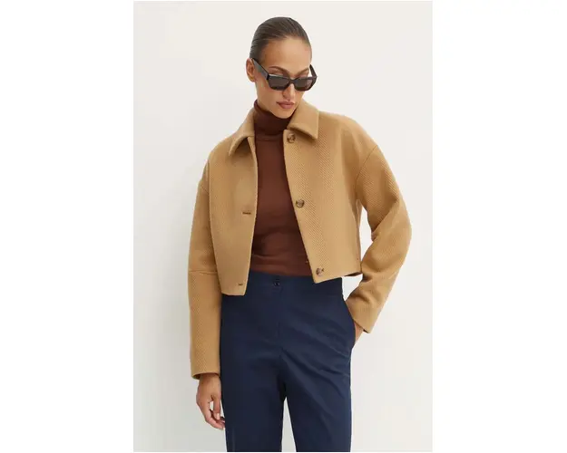 BOSS palton de lana culoarea bej, de tranzitie, 50527100