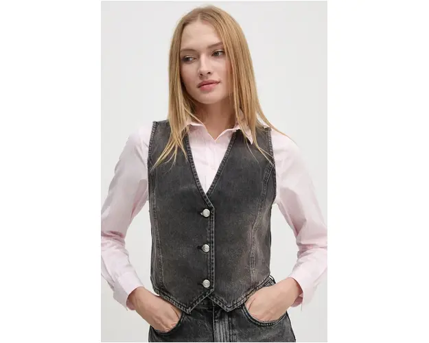 Sisley vesta jeans culoarea gri, un singur rand de nasturi, 22W2LJ00O