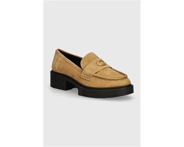 Coach mocasini din piele intoarsa Leah femei, culoarea bej, cu platforma, CV320