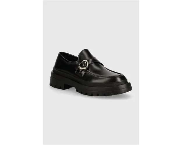 Love Moschino mocasini de piele femei, culoarea negru, cu toc plat, JA10275G1LIA0000