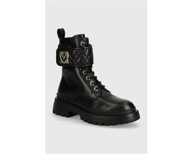 Love Moschino bocanci de piele femei, culoarea negru, cu toc plat, JA24175G1LIA0000