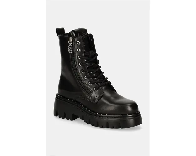 Karl Lagerfeld bocanci de piele KOMBAT femei, culoarea negru, cu toc plat, KL45364
