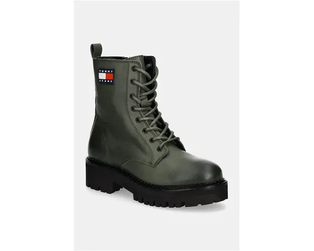 Tommy Jeans bocanci de piele TJW URBAN LACE UP BOOT femei, culoarea verde, cu toc plat, EN0EN02628