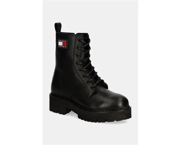 Tommy Jeans bocanci de piele TJW URBAN LACE UP BOOT femei, culoarea negru, cu toc plat, EN0EN02628