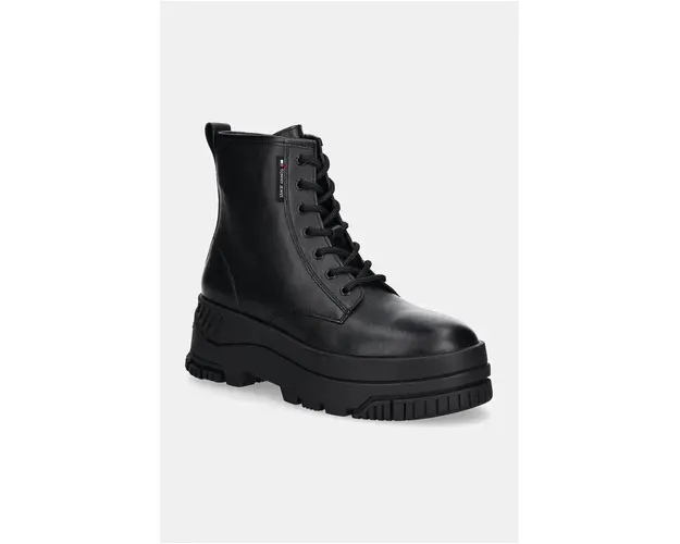 Tommy Jeans cizme de piele TJW LACE UP FLATFORM BOOT femei, culoarea negru, cu platforma, EN0EN02665