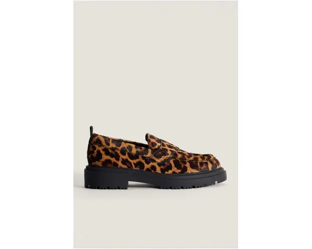 Hoff mocasini de piele LEOPARD MARRON femei, culoarea maro, cu toc plat, 22428004 SCHOOL