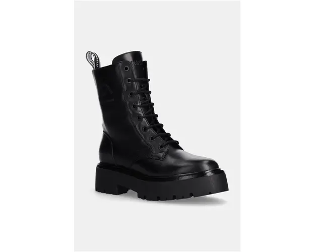 Karl Lagerfeld bocanci de piele BURLY BIKER femei, culoarea negru, cu toc plat, KL43455