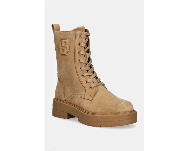 BOSS bocanci din piele intoarsa Rebby femei, culoarea bej, cu toc plat, izolat, 50523589