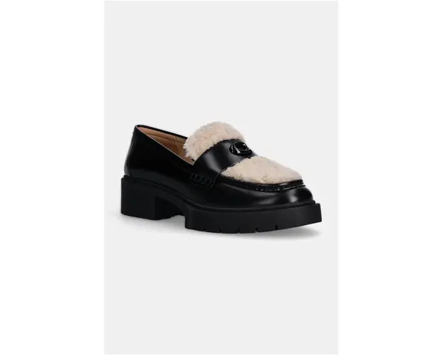 Coach mocasini de piele Leah Shearling femei, culoarea negru, cu toc plat, CX033