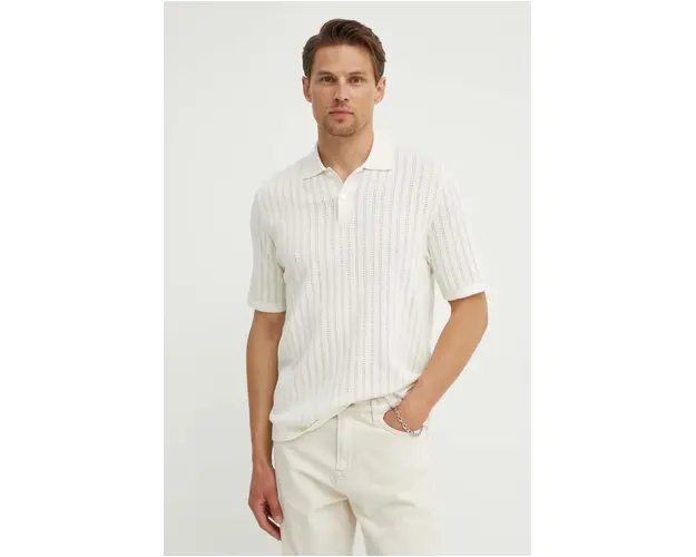 Samsoe Samsoe tricou polo din in SACONALD culoarea bej, neted, M24200016