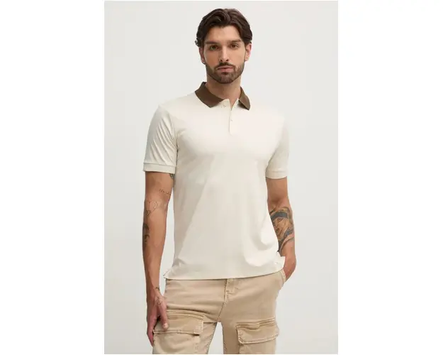 BOSS polo de bumbac culoarea bej, neted, 50521127