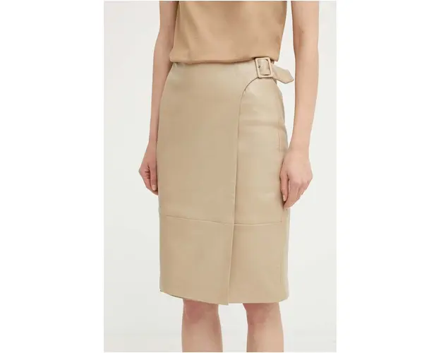 BOSS fusta de piele culoarea bej, mini, evazati, 50530060