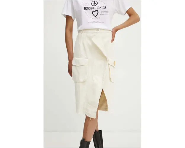 Moschino Jeans fusta jeans culoarea bej, midi, drept, 0119.8225